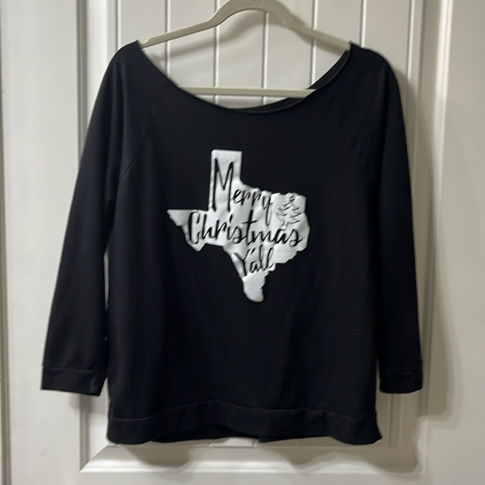 Black off the shoulder/open neck Texas Christmas shirt
